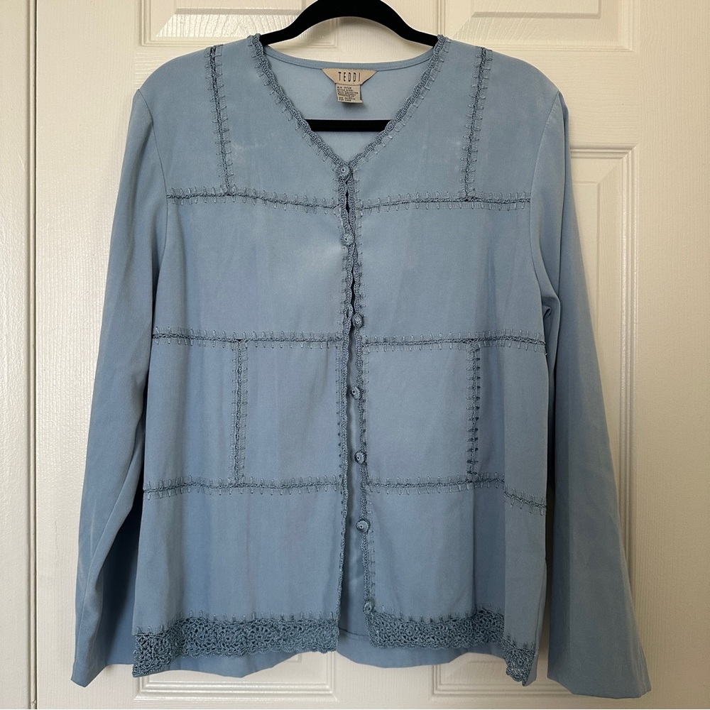 Vintage Teddi Button Front Blouse/Jacket Women’s Sz Large — Light Blue Lace Trim